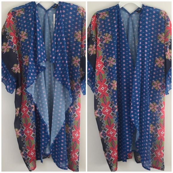 Blue Geometric Print Chiffon Kimono Beach Coverup - Picture 3 of 8